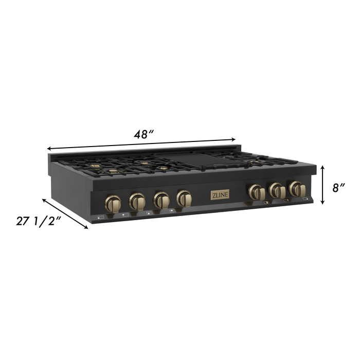 ZLINE Autograph Edition 48 In. Porcelain Rangetop with 7 Gas Burners in Black Stainless Steel and Champagne Bronze Accents, RTBZ-48-CB