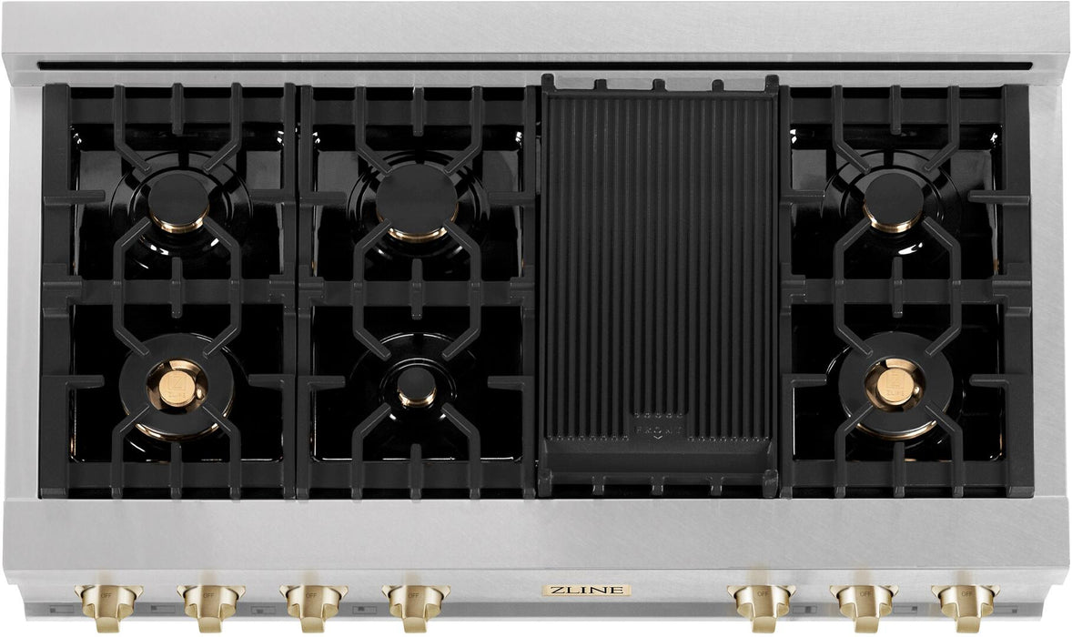 ZLINE Autograph Edition 48 In. Rangetop with 7 Gas Burners in DuraSnow® Stainless Steel and Champagne Bronze Accents, RTSZ-48-CB