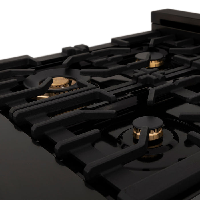 ZLINE Autograph Edition 48 Inch Porcelain Rangetop with 7 Gas Burners in Black Stainless Steel and Gold Accents, RTBZ-48-G