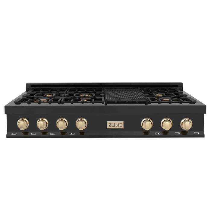 ZLINE Autograph Edition 48 Inch Porcelain Rangetop with 7 Gas Burners in Black Stainless Steel and Gold Accents, RTBZ-48-G