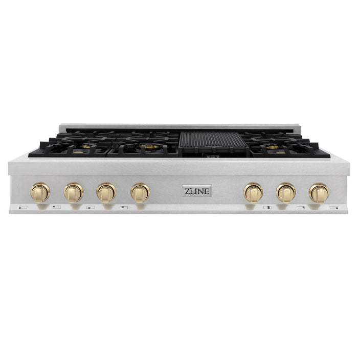 ZLINE Autograph Edition 48" Porcelain Rangetop with 7 Gas Burners in DuraSnow® Stainless Steel and Gold Accents, RTSZ-48-G