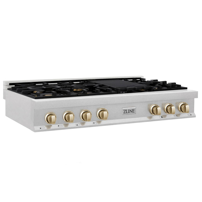 ZLINE Autograph Edition 48" Porcelain Rangetop with 7 Gas Burners in DuraSnow® Stainless Steel and Gold Accents, RTSZ-48-G