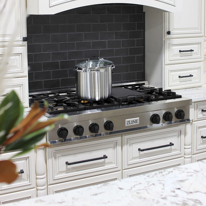 ZLINE Autograph Edition 48 in. Porcelain Rangetop with 7 Gas Burners in Stainless Steel and Matte Black Accents, RTZ-48-MB