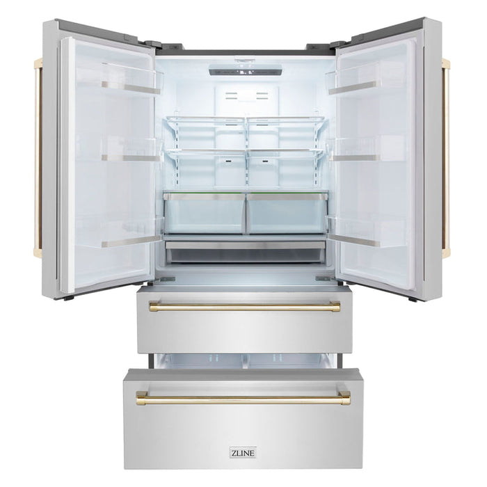 ZLINE Autograph Gold Package - 36" Rangetop, 36" Range Hood, Dishwasher, Refrigerator, Microwave Drawer