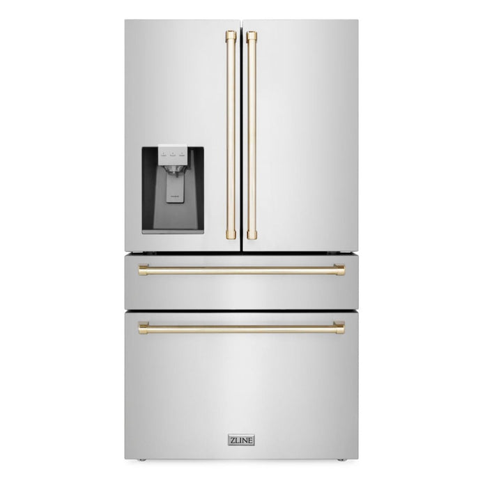 ZLINE Autograph Gold Package - 36" Rangetop, 36" Range Hood, Dishwasher, Refrigerator with External Water and Ice Dispenser