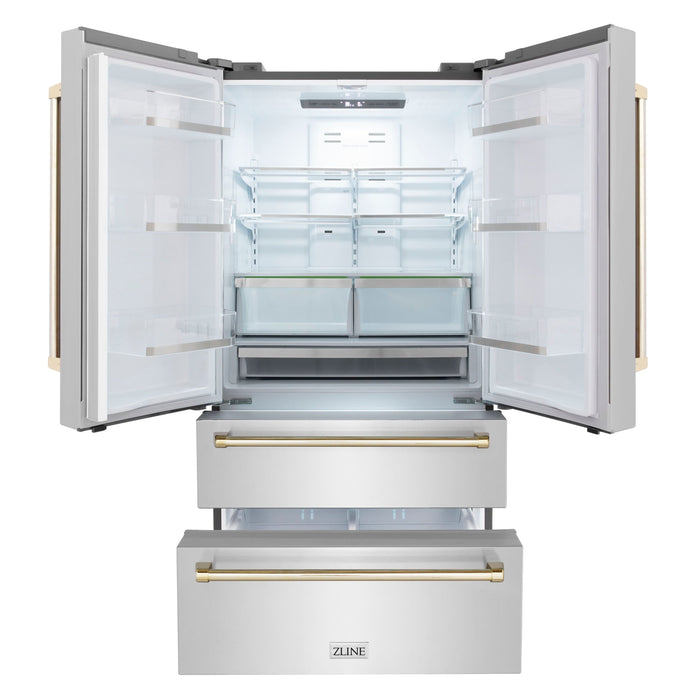 ZLINE Autograph Gold Package - 48" Rangetop, 48" Range Hood, Dishwasher, Refrigerator, Microwave Drawer