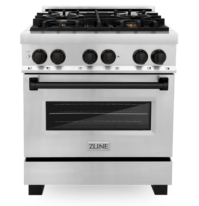 ZLINE Autograph Package - 30" Dual Fuel Range, Hood, Dishwasher, Refrigerator with Water and Ice Dispenser with Matte Black Accents