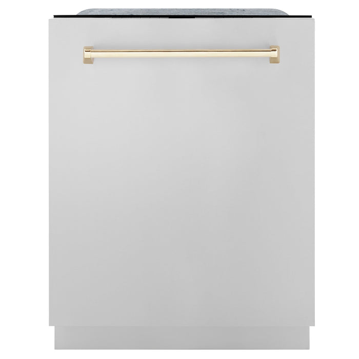 ZLINE Autograph Package - 30" Dual Fuel Range, Range Hood, Dishwasher, Refrigerator in Stainless Steel with Gold Accents, 4KAPR-RARHDWM30-G