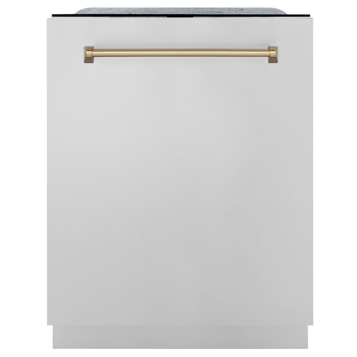 ZLINE Autograph Package - 30" Dual Fuel Range, Range Hood, Dishwasher, Refrigerator with Water and Ice Dispenser with Bronze Accents