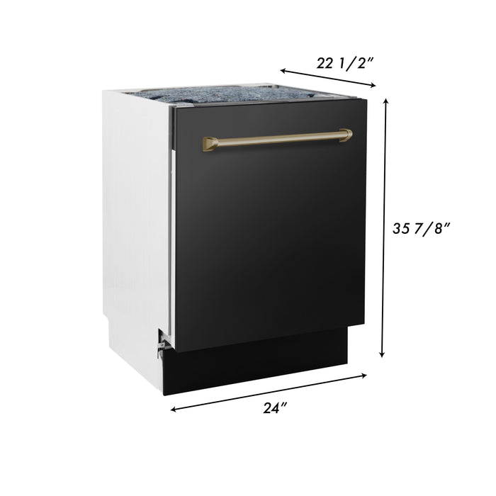 ZLINE Autograph Package - 30" Dual Fuel Range, Range Hood, Refrigerator, Dishwasher in Black Stainless with Bronze Accents