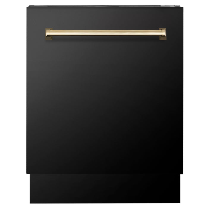 ZLINE Autograph Package - 30" Dual Fuel Range, Range Hood, Refrigerator, Dishwasher in Black Stainless with Gold Accents