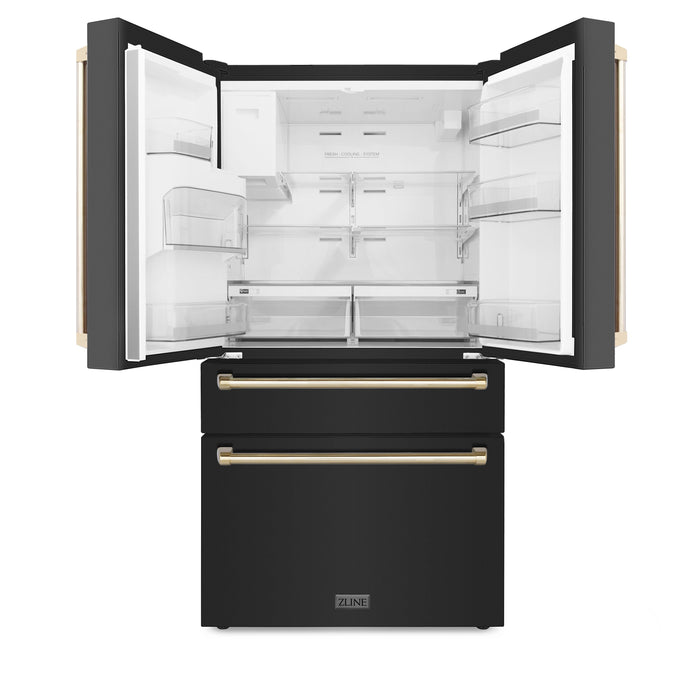 ZLINE Autograph Package - 30" Dual Fuel Range, Range Hood, Refrigerator, Dishwasher in Black Stainless with Gold Accents