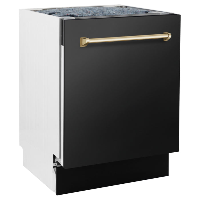 ZLINE Autograph Package - 30" Dual Fuel Range, Range Hood, Refrigerator, Dishwasher in Black Stainless with Gold Accents