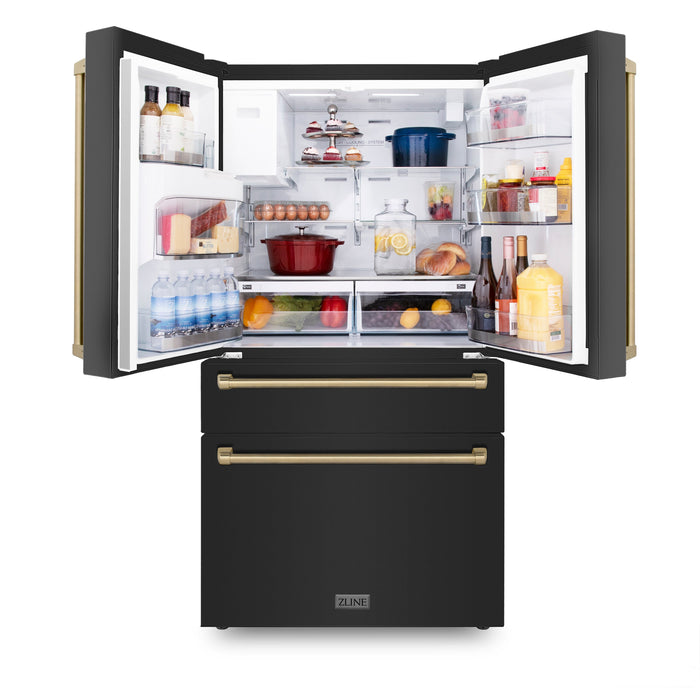 ZLINE Autograph Package - 30" Dual Fuel Range, Range Hood, Refrigerator, Dishwasher in Black with Bronze Accents