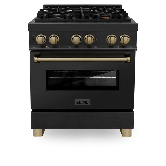 ZLINE Autograph Package - 30" Dual Fuel Range, Range Hood, Refrigerator, Dishwasher in Black with Bronze Accents