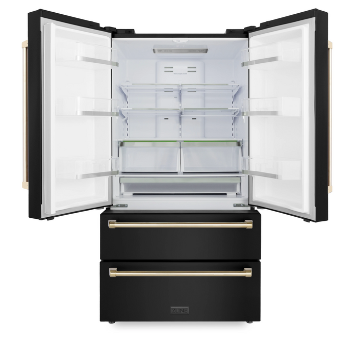 ZLINE Autograph Package - 30" Gas Range, Range Hood, Refrigerator, Dishwasher in Black Stainless with Gold Accents