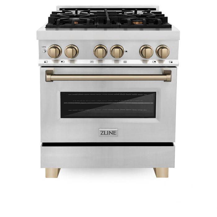 ZLINE Autograph Package - 30 In. Dual Fuel Range, Range Hood, Dishwasher, Refrigerator with Champagne Bronze Accents, 4KAPR-RARHDWM30-CB