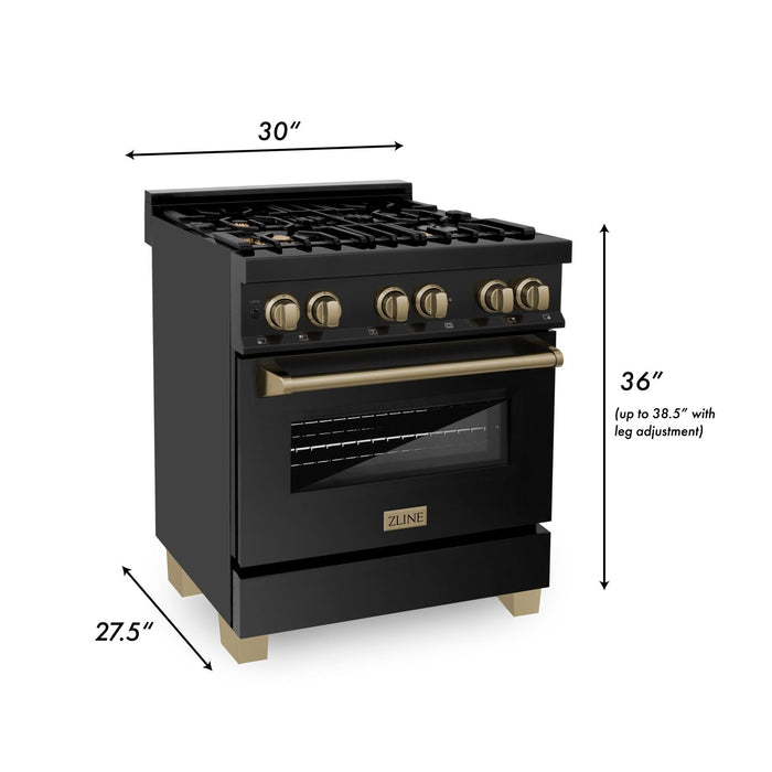 ZLINE Autograph Package - 30 In. Dual Fuel Range, Range Hood, Dishwasher in Black Stainless Steel with Champagne Bronze, 3AKP-RABRHDWV30-CB