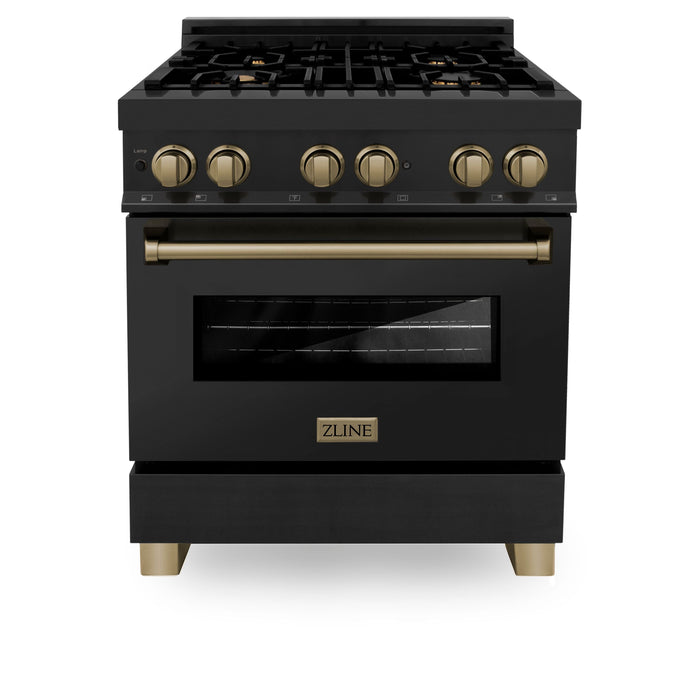 ZLINE Autograph Package - 30 In. Dual Fuel Range, Range Hood, Dishwasher in Black Stainless Steel with Champagne Bronze, 3AKP-RABRHDWV30-CB