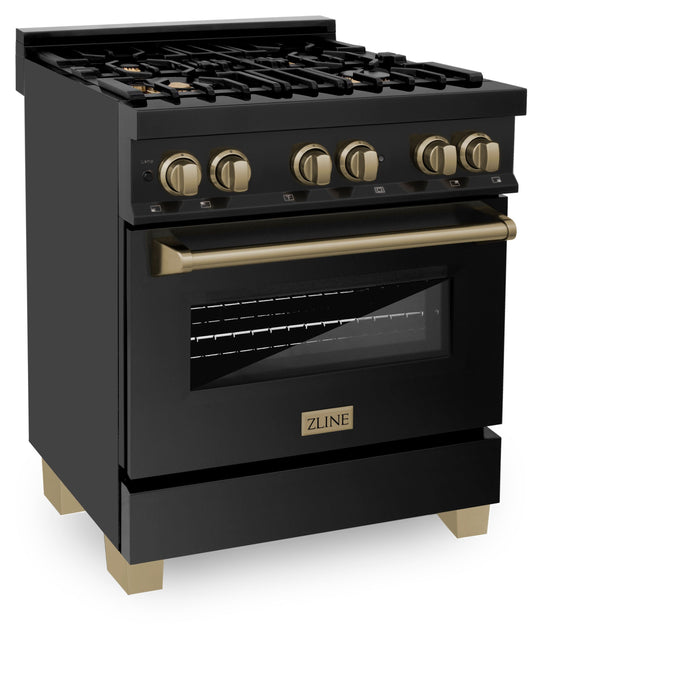 ZLINE Autograph Package - 30 In. Dual Fuel Range, Range Hood, Dishwasher in Black Stainless Steel with Champagne Bronze, 3AKP-RABRHDWV30-CB