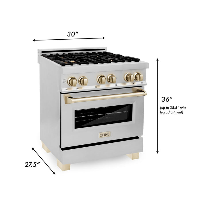 ZLINE Autograph Package - 30 In. Dual Fuel Range, Range Hood, Dishwasher in Stainless Steel with Gold Accents, 3AKP-RARHDWM30-G