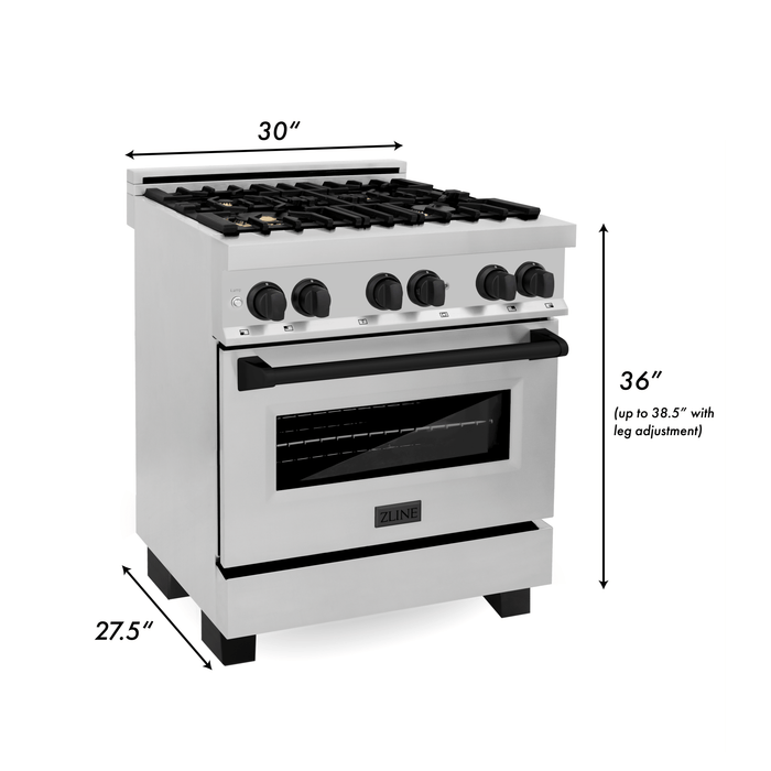 ZLINE Autograph Package - 30 In. Dual Fuel Range, Range Hood, Dishwasher in Stainless Steel with Matte Black Accents, 3AKP-RARHDWM30-MB