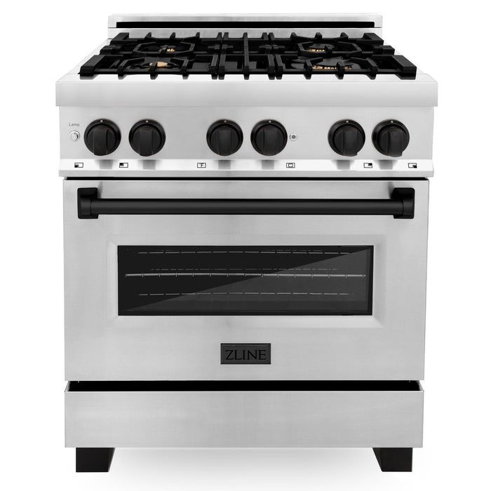 ZLINE Autograph Package - 30 In. Dual Fuel Range, Range Hood, Dishwasher in Stainless Steel with Matte Black Accents, 3AKP-RARHDWM30-MB