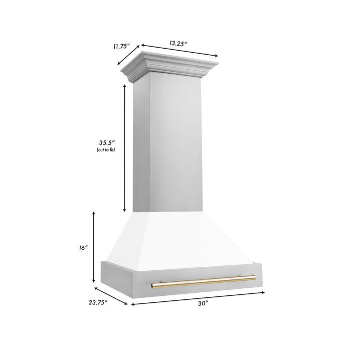 ZLINE Autograph Package - 30 In. Dual Fuel Range, Range Hood, Dishwasher in White Matte with Gold Accents, 3AKP-RAWMRHDWM30-G