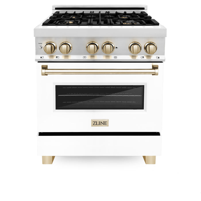 ZLINE Autograph Package - 30 In. Dual Fuel Range, Range Hood, Dishwasher in White Matte with Gold Accents, 3AKP-RAWMRHDWM30-G