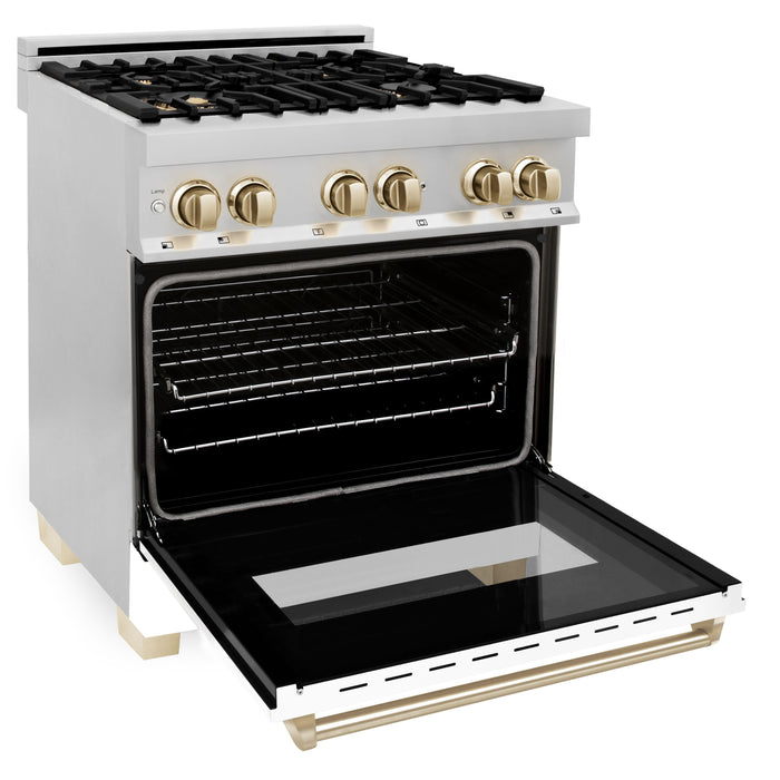 ZLINE Autograph Package - 30 In. Dual Fuel Range, Range Hood, Dishwasher in White Matte with Gold Accents, 3AKP-RAWMRHDWM30-G