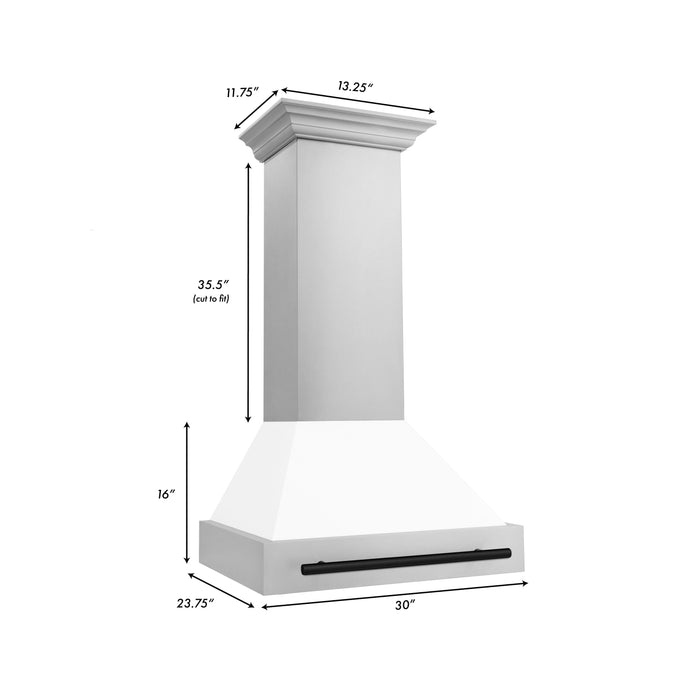 ZLINE Autograph Package - 30 In. Dual Fuel Range, Range Hood, Dishwasher in White Matte with Matte Black Accents, 3AKP-RAWMRHDWM30-MB