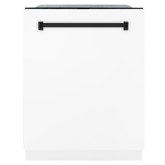 ZLINE Autograph Package - 30 In. Dual Fuel Range, Range Hood, Dishwasher in White Matte with Matte Black Accents, 3AKP-RAWMRHDWM30-MB