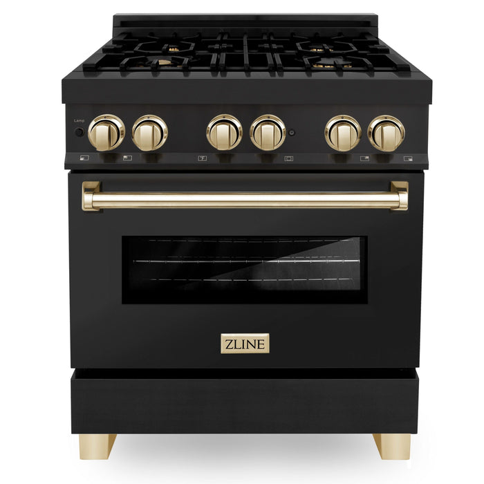 ZLINE Autograph Package - 30 In. Dual Fuel Range, Range Hood, and Dishwasher in Black Stainless Steel with Gold Accents, 3AKP-RABRHDWV30-G