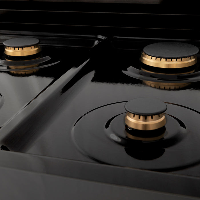 ZLINE Autograph Package - 30 In. Dual Fuel Range, Range Hood in Black Stainless Steel with Gold Accents, 2AKP-RABRH30-G