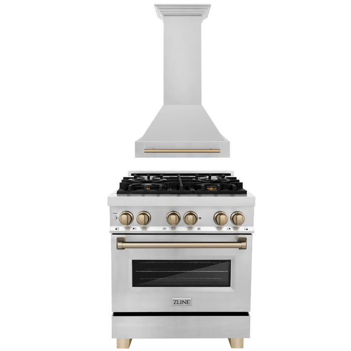 ZLINE Autograph Package - 30 In. Dual Fuel Range, Range Hood in Stainless Steel with Champagne Bronze Accents, 2AKP-RARH30-CB