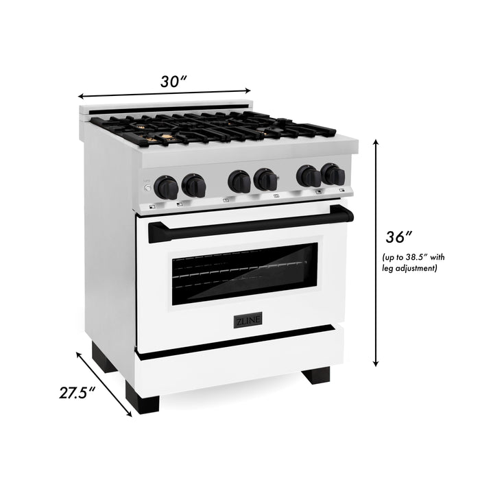 ZLINE Autograph Package - 30 In. Dual Fuel Range and Range Hood in Stainless Steel with White Matte Door and Matte Black Accents, 2AKP-RAWMRH30-MB