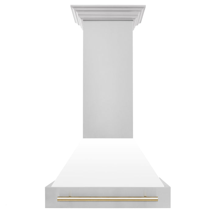 ZLINE Autograph Package - 30 In. Gas Range, Range Hood, Dishwasher in White Matte with Gold Accents, 3AKP-RGWMRHDWM30-G