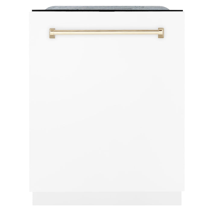 ZLINE Autograph Package - 30 In. Gas Range, Range Hood, Dishwasher in White Matte with Gold Accents, 3AKP-RGWMRHDWM30-G