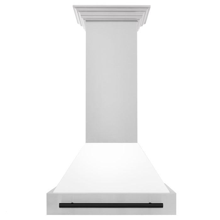 ZLINE Autograph Package - 30 In. Gas Range, Range Hood, Dishwasher in White with Matte Black Accents, 3AKP-RGWMRHDWM30-MB