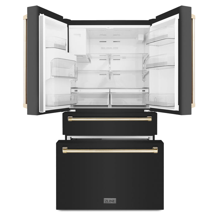 ZLINE Autograph Package - 30 In. Gas Range, Range Hood, Refrigerator with Water and Ice Dispenser, and Dishwasher in Black Stainless Steel with Gold Accents, 4AKPR-RGBRHDWV30-G