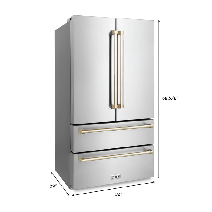 ZLINE Autograph Package - 30 Inch Gas Range, Range Hood, Dishwasher, Refrigerator in Stainless Steel with Gold Accents, 4KAPR-RGRHDWM30-G