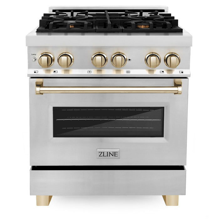 ZLINE Autograph Package - 30 Inch Gas Range, Range Hood, Dishwasher, Refrigerator in Stainless Steel with Gold Accents, 4KAPR-RGRHDWM30-G