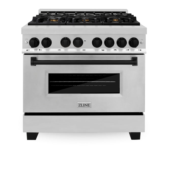 ZLINE Autograph Package - 36" Dual Fuel Range, Range Hood, Dishwasher, Refrigerator with Matte Black Accents