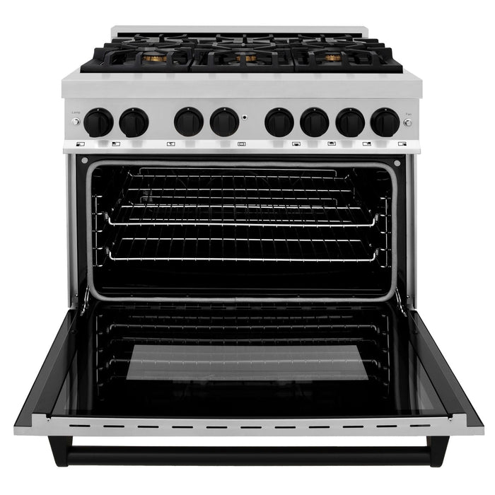 ZLINE Autograph Package - 36" Dual Fuel Range, Range Hood, Dishwasher, Refrigerator with Matte Black Accents