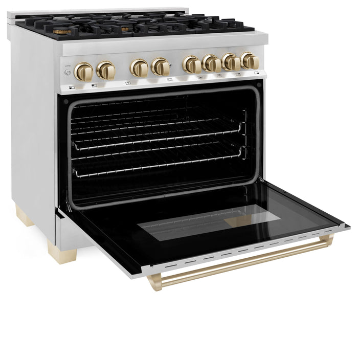 ZLINE Autograph Package - 36" Dual Fuel Range, Range Hood, Dishwasher, Refrigerator with Water & Ice Dispenser in Stainless Steel with Gold Accents