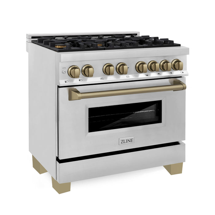 ZLINE Autograph Package - 36" Dual Fuel Range, Range Hood, Dishwasher, Refrigerator with Water and Ice Dispenser with Bronze Accents