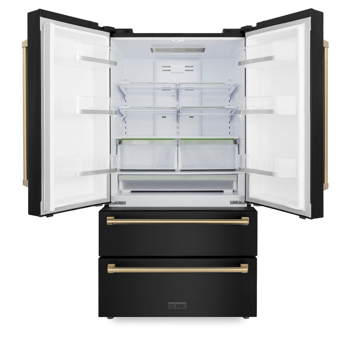 ZLINE Autograph Package - 36" Dual Fuel Range, Range Hood, Refrigerator, Dishwasher in Black Stainless with Bronze Accents