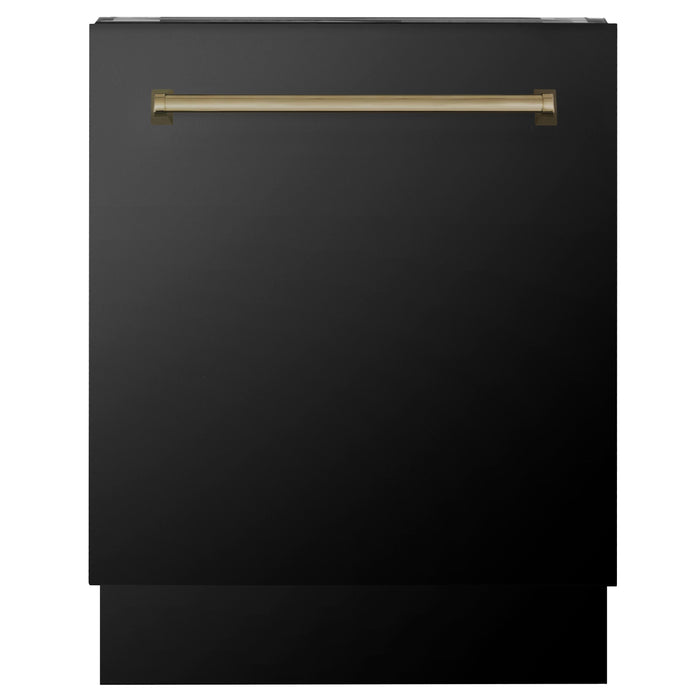 ZLINE Autograph Package - 36" Dual Fuel Range, Range Hood, Refrigerator, Dishwasher in Black Stainless with Bronze Accents