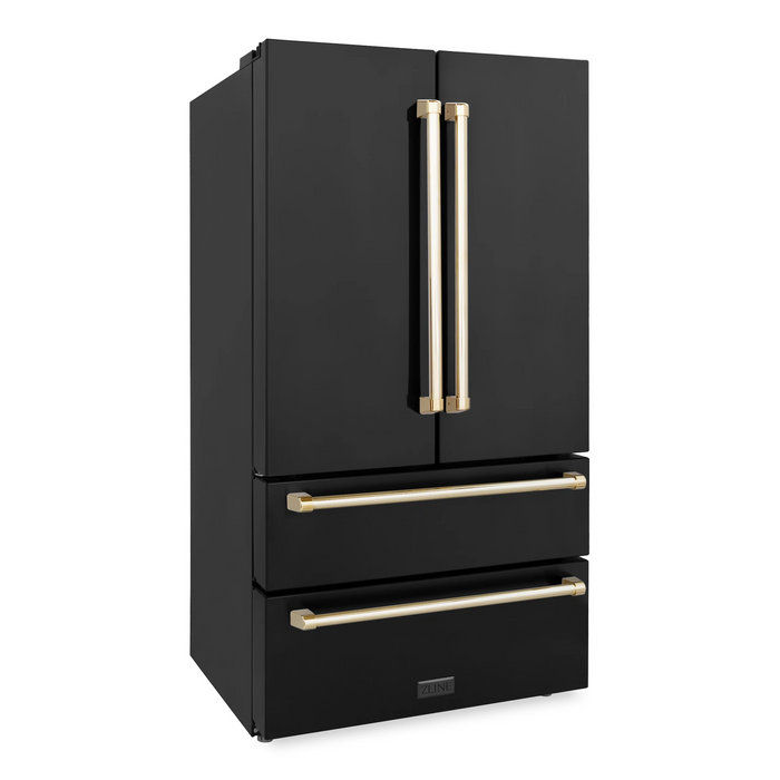 ZLINE Autograph Package - 36" Dual Fuel Range, Range Hood, Refrigerator, Dishwasher in Black Stainless with Gold Accents