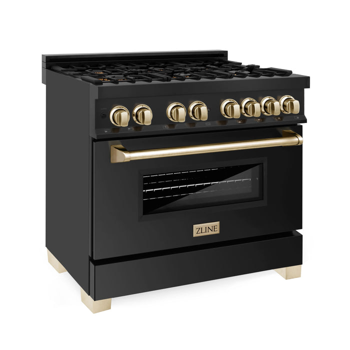 ZLINE Autograph Package - 36" Dual Fuel Range, Range Hood, Refrigerator, Dishwasher in Black Stainless with Gold Accents